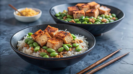 Tofu with rice and edamame beans, japanese foodの素材