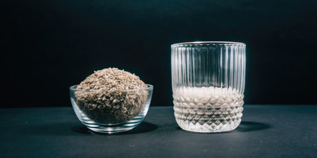 Cereals in a glass on a black background.の素材