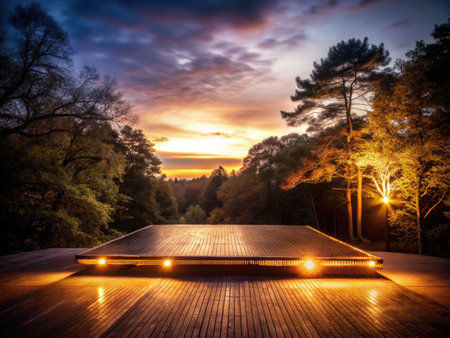 Wooden deck in the forest with a beautiful sunset in the backgroundの素材