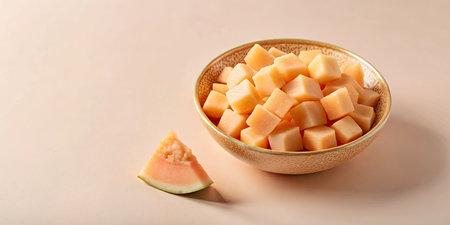 Sliced cantaloupe melon in bowl on beige backgroundの素材