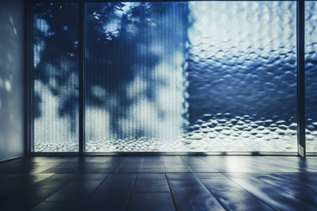 Modern Interior with Textured Glass Wall Casting Abstract Tree Shadows and Natural Lightの素材