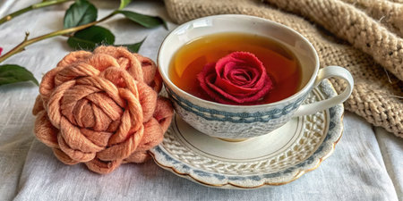 Cup of green tea with red rose and woolen scarf on wooden backgroundの素材