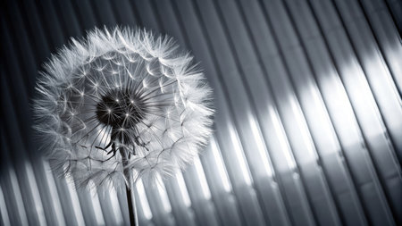 Dandelion flower in the rays of the sun on a gray backgroundの素材