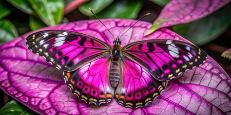 Purple butterfly on a pink flower in the gardenの素材