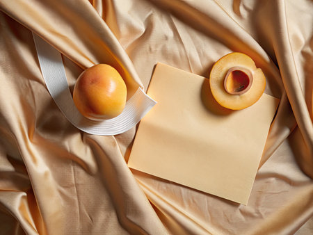 Blank card and apricots on silk background, top viewの素材