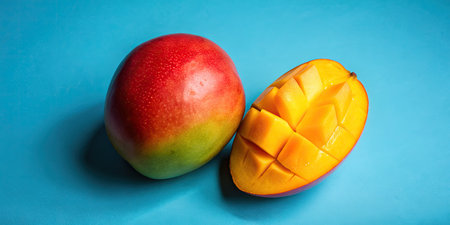 Mango fruit on blue background. Fresh ripe mango with cut in halfの素材