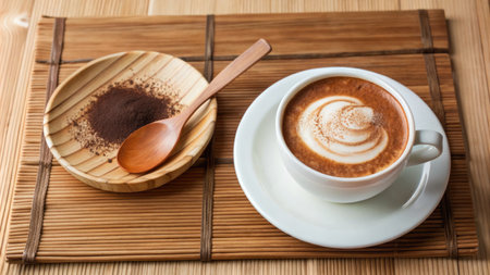 Cup of cappuccino and spoon on bamboo mat.の素材