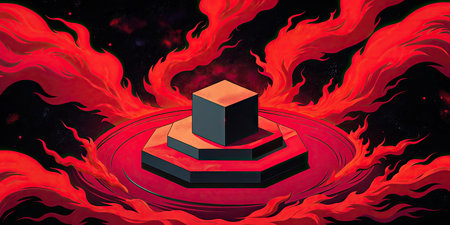 abstract background with black podium and red fire flamesの素材