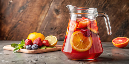 Sangria with strawberries, blueberries and lemon in a jug.の素材