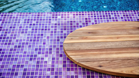 Wooden table on swimming pool background. Top view with copy spaceの素材