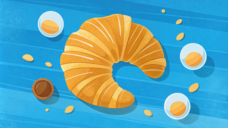 Illustration of croissant and eggs on a blue background.の素材