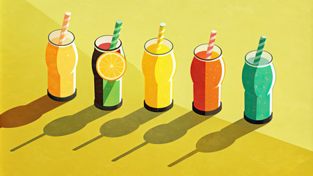 Illustration of a set of smoothies with straws in a rowの素材