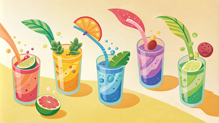 Illustration of a set of summer cocktails on a beach background.の素材