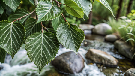 Green leaves of a linden tree on a blurred background of a streamの素材