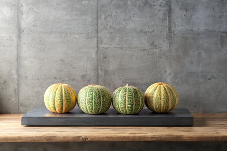 Ripe melons on wooden table against grey wall. Space for textの素材