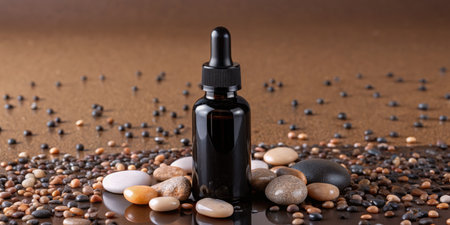 Black glass dropper bottle with pipette and pebbles on brown backgroundの素材