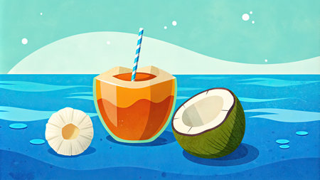 Illustration of a fresh coconut cocktail with a straw in the waterの素材
