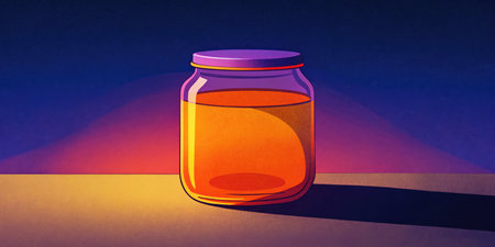 Glass jar with honey on blue and orange background.の素材