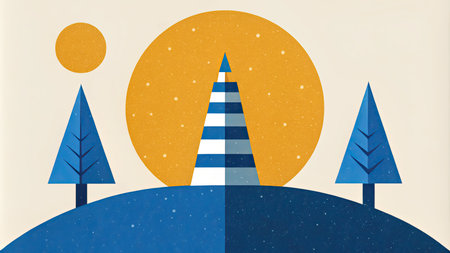 Retro christmas card with trees and sun. Vector illustration.の素材