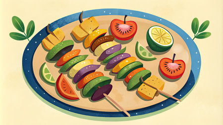 Illustration of a plate with fruit skewers on a white backgroundの素材