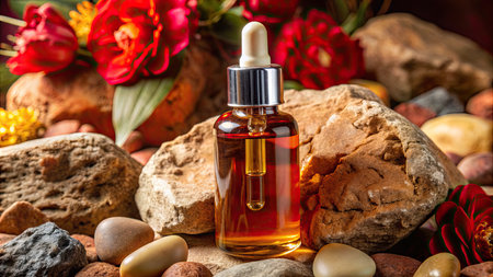 Essential oil in a glass bottle on a background of stones and flowersの素材