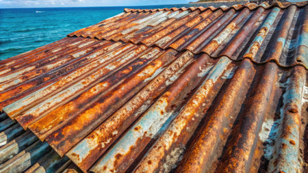 Rusty corrugated iron roof on the beach of the seaの素材