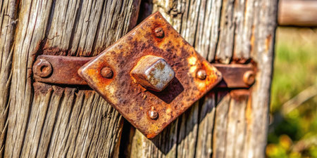 Old rusty hinge on a wooden door, close-up, selective focusの素材