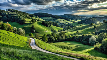 Panoramic view of the rolling hills of the Austrian countryside.の素材