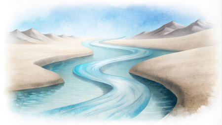 Watercolor illustration of a river in the desert. Watercolor painting.の素材
