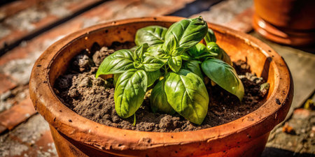 Basil plant growing in a clay pot on a terrace.の素材