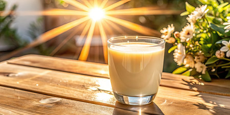 Glass of milk on a wooden table with sunbeams in the backgroundの素材