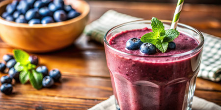 Blueberry smoothie in glass on wooden background. Healthy food concept.の素材