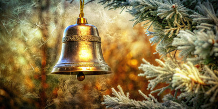Christmas bell on the branches of a Christmas tree in the forest.の素材
