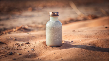A bottle of salt on the sand in the desert. Selective focus.の素材