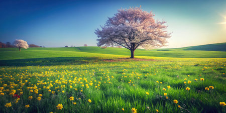 Beautiful spring landscape with blooming meadow and lonely tree.の素材