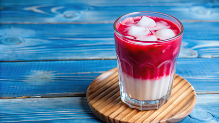 Strawberry smoothies in glass on blue wooden table background.の素材