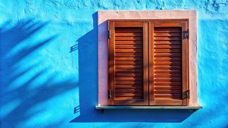 Window with shutters on blue wallの素材