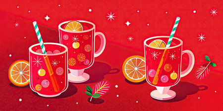 Christmas mulled wine vector illustration. Hot drink with orange, lemon and cinnamon.の素材