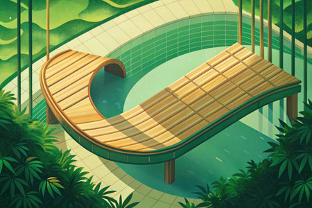 Illustration of a wooden deck chair in a swimming pool on a green backgroundの素材