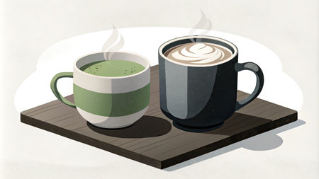 Two cups of hot coffee on a wooden table. Vector illustration.の素材