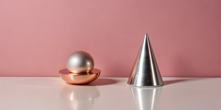 Shiny silver metallic ball and cone on white table with pink backgroundの素材