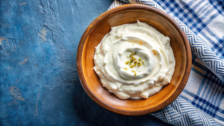 Wooden bowl with creamy yogurt topped with citrus zest on blue rustic background, fresh dairy food presentationの素材