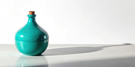 Blue glass bottle with shadow on white background. Selective focus.の素材