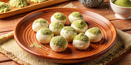 Mochi japanese dessert with green tea on wooden backgroundの素材