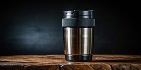 metal thermos on a wooden table against the background of a black wallの素材