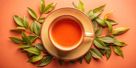 Cup of tea with green leaves on orange background. Top viewの素材