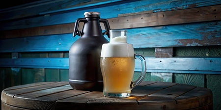 Beer in a glass and bottle on a wooden table against the background of a wooden wallの素材