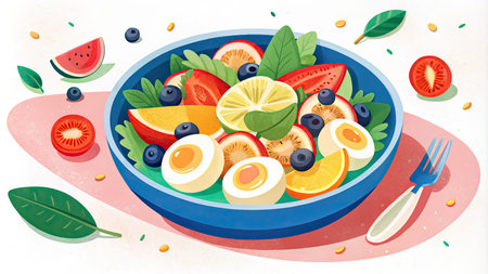 Salad with fresh fruits and vegetables in blue bowl. Vector illustration.の素材