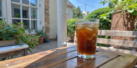 Iced coffee in a glass on a wooden table in the gardenの素材