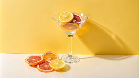 Citrus fruits in a martini glass on a yellow backgroundの素材